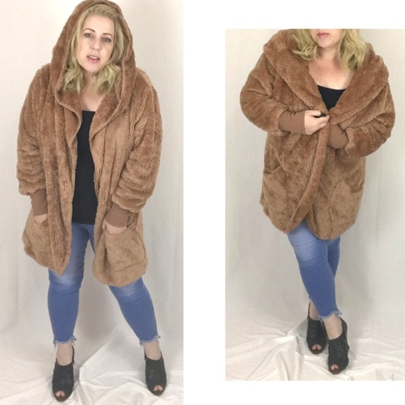 PLUS Teddy Coat HOODED FAUX FUR COCOON JACKET - Picture 2 of 7